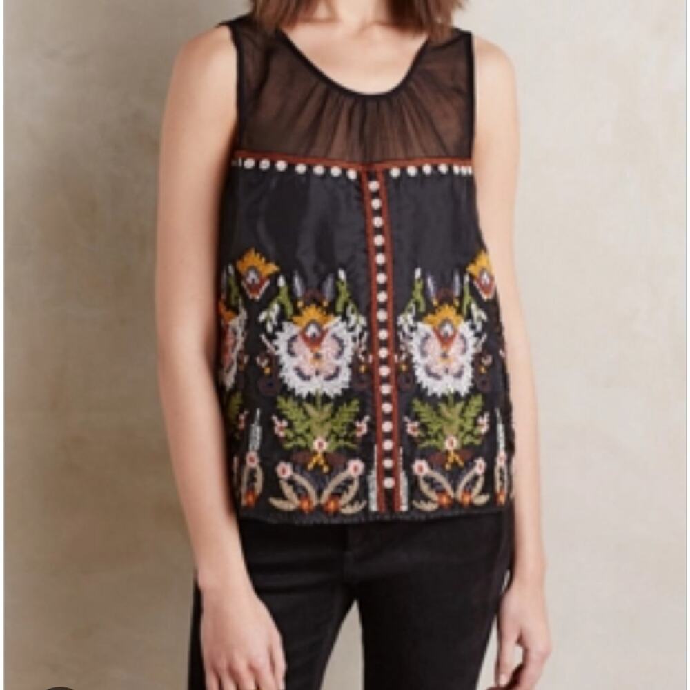 Anthropologie FLOREAT Nalini Beaded‎ Blue Embroidered Beaded Sleeveless Top SZ 2